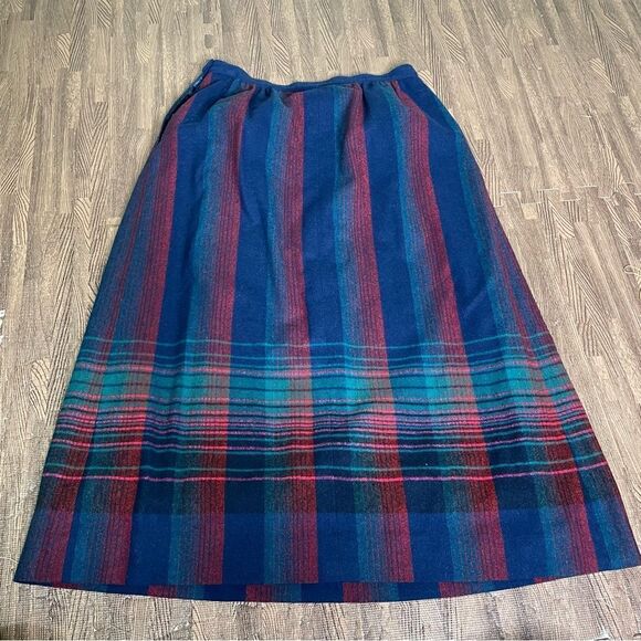 Vintage 70s Pendleton Blue Red Turquoise Plaid Stripe‎ Wool Midi Skirt 12 - Picture 8 of 11